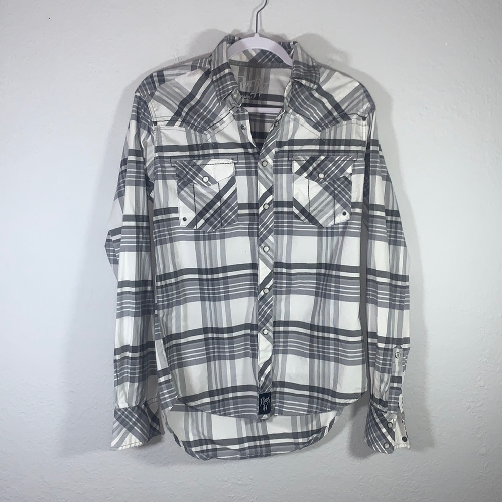 Rock 47 Wrangler Gray White Plaid Western Pearl Snap Shirt Long Sleeve Small - Picture 9 of 9
